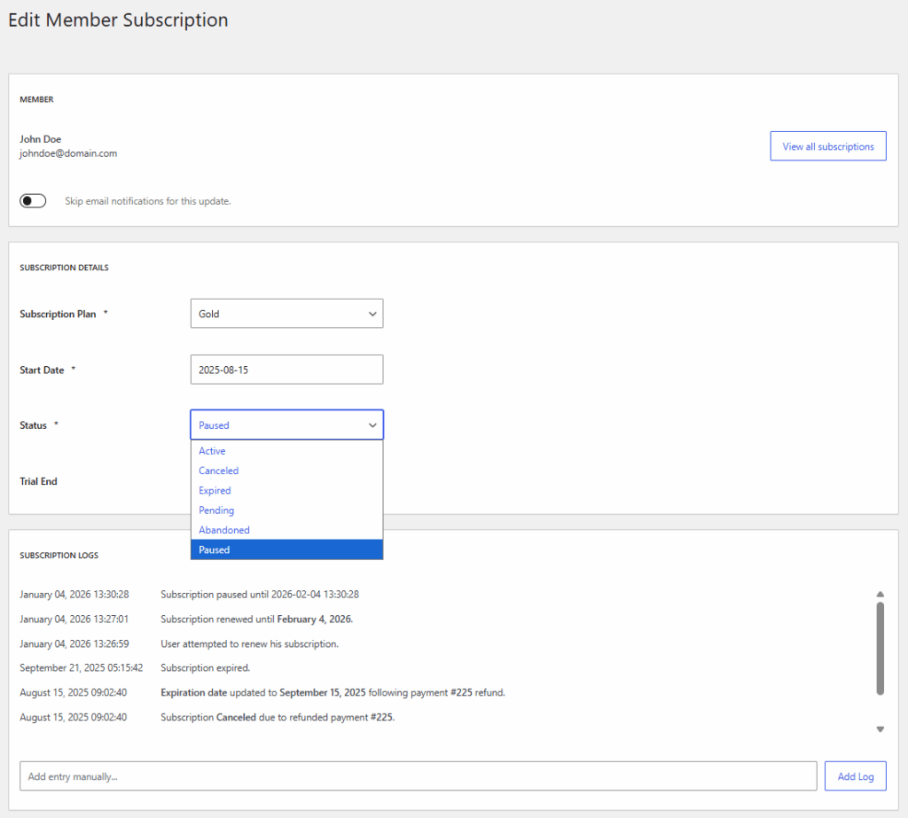 paid member subscriptions pause subscription back-end