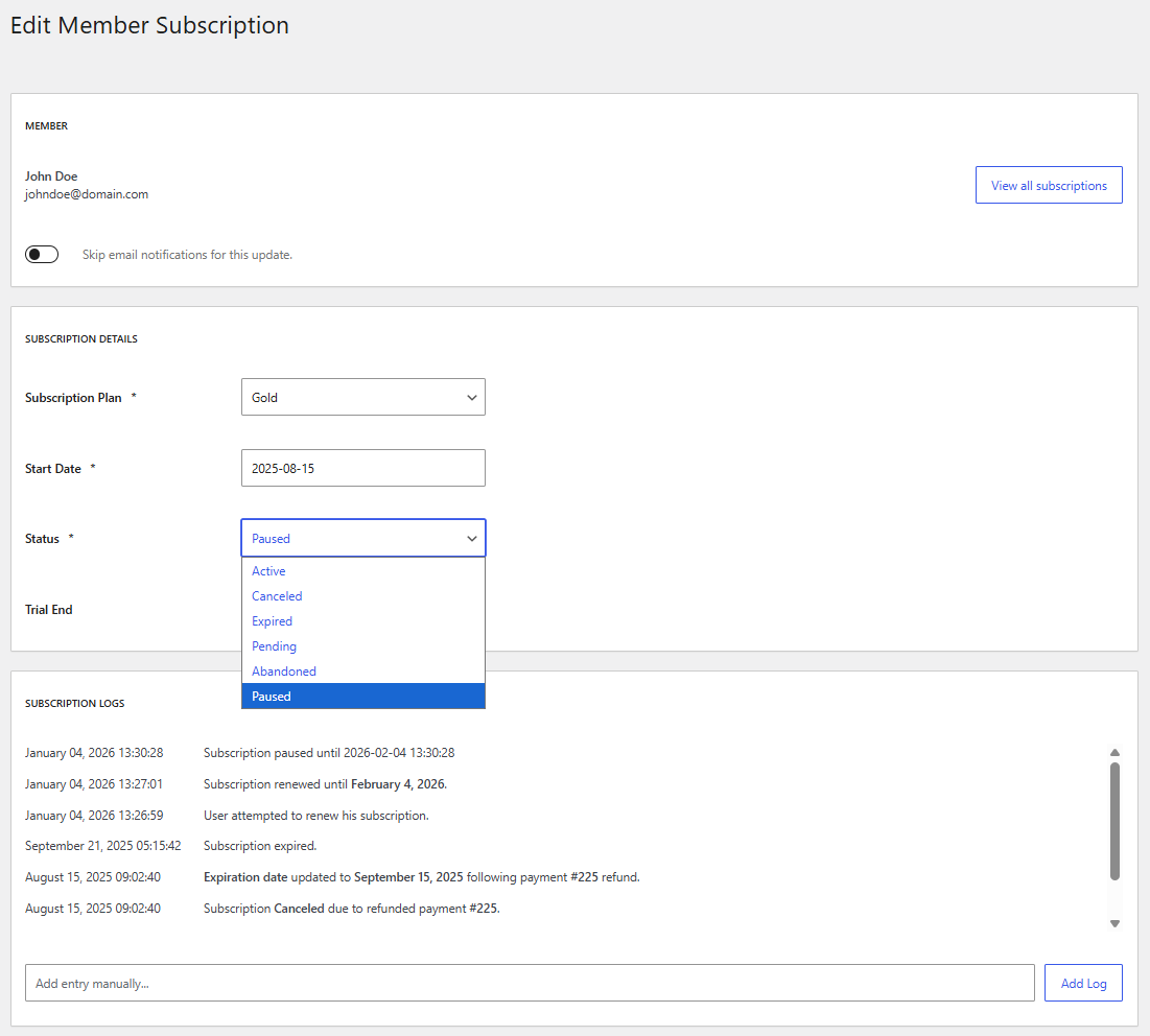 Pause Subscription option from the back-end Edit Member page