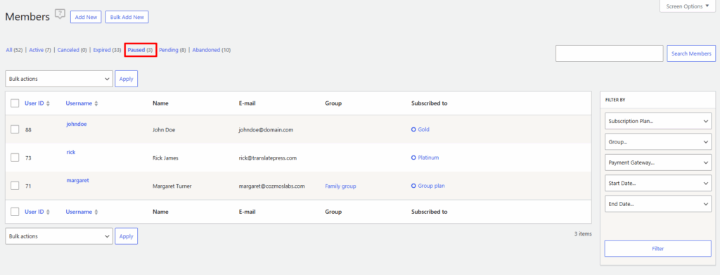 paid member subscriptions pause subscription member filtering