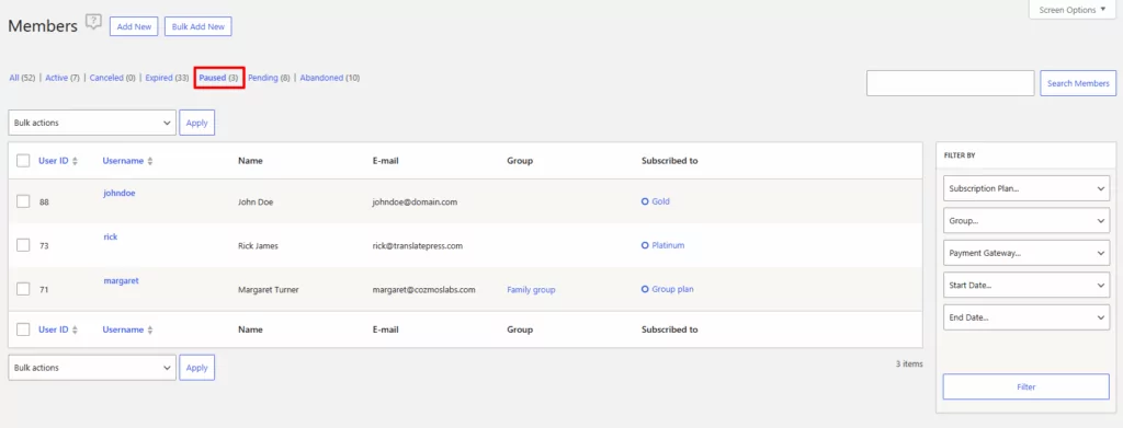 paid member subscriptions pause subscription member filtering