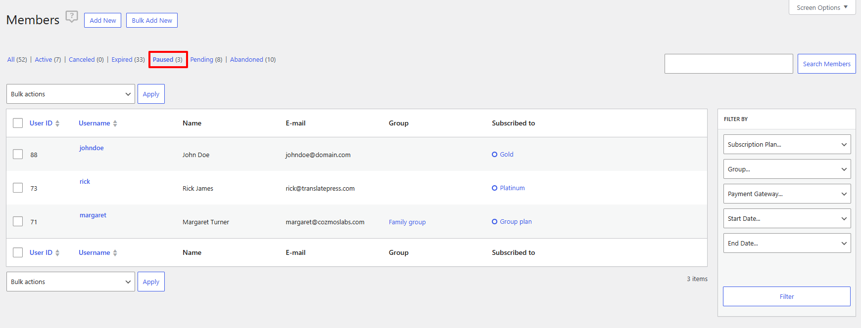 Viewing a filtered list of paused subscriptions