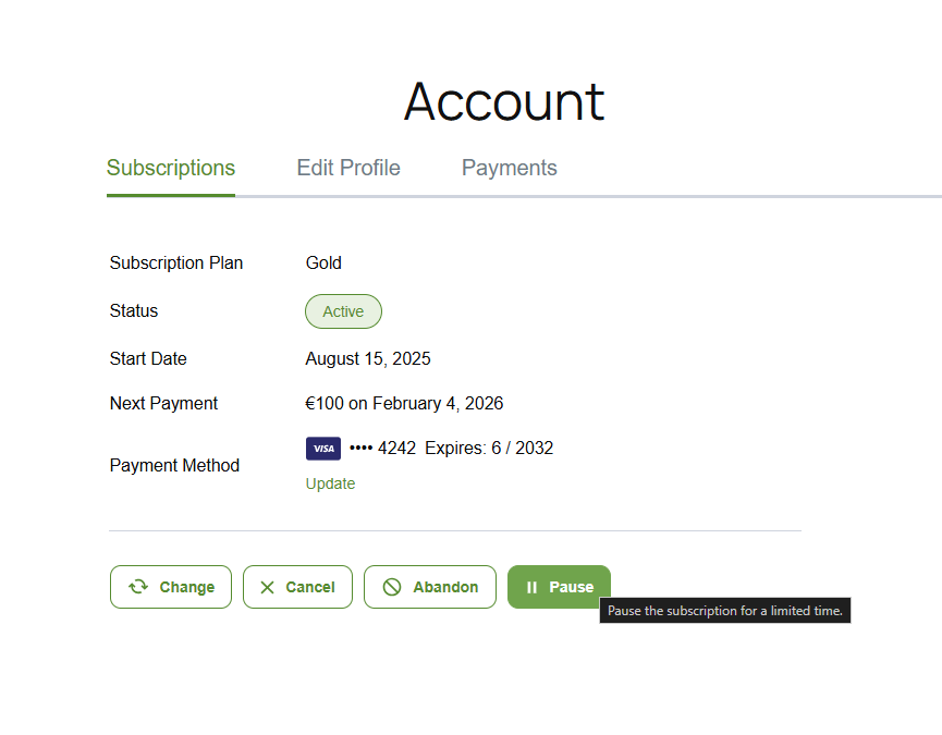 Pause Subscription button on the front-end Account form