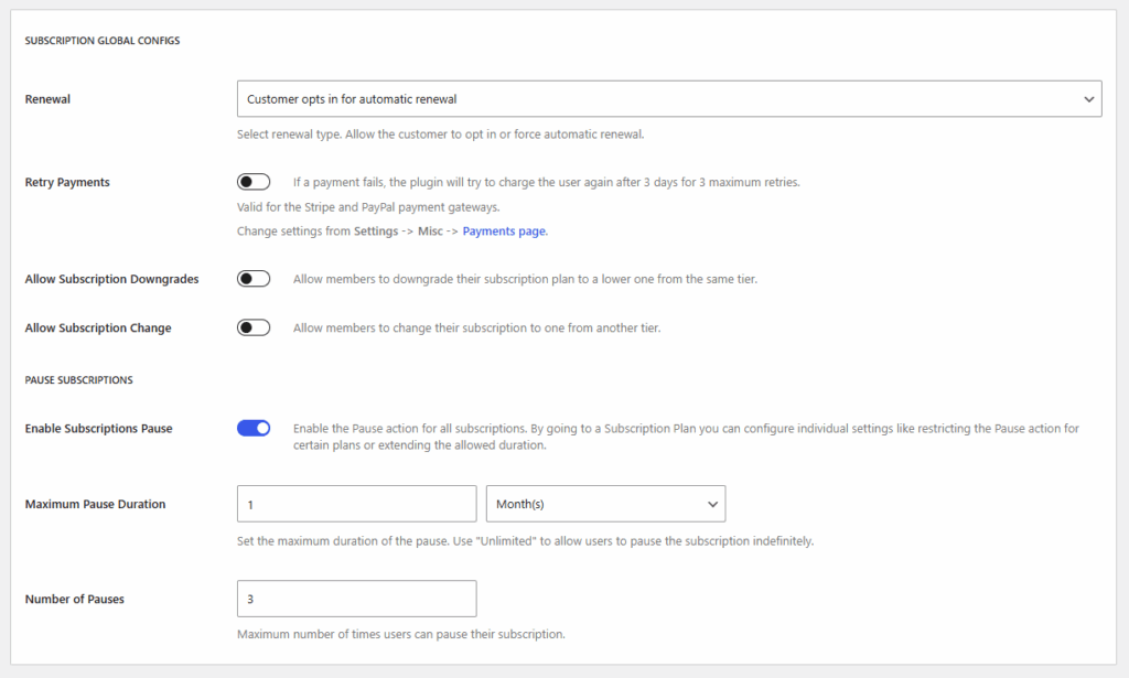 paid member subscriptions pause subscriptions global configurations