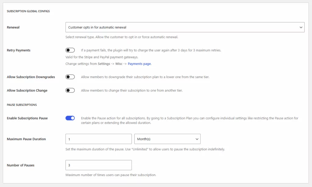 paid member subscriptions pause subscriptions global configurations