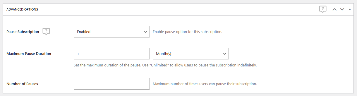 Pause subscription on individual plan settings, while the "Enabled" option is selected