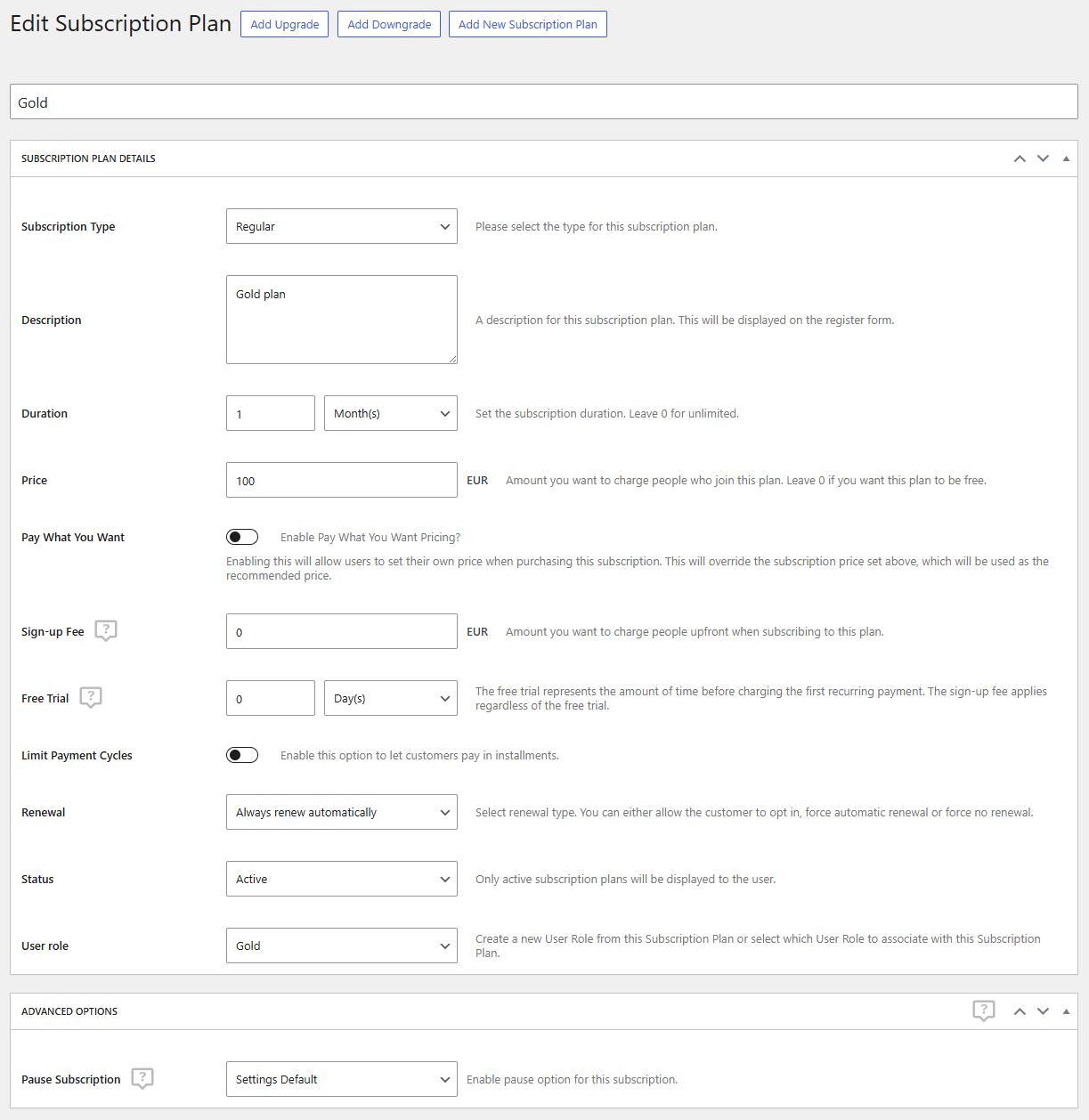 Pause subscription on individual plan settings, while the "Settings default" option is enabled