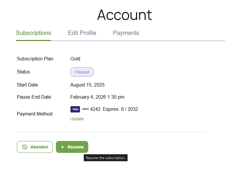 Pause Subscription button on the front-end Account form