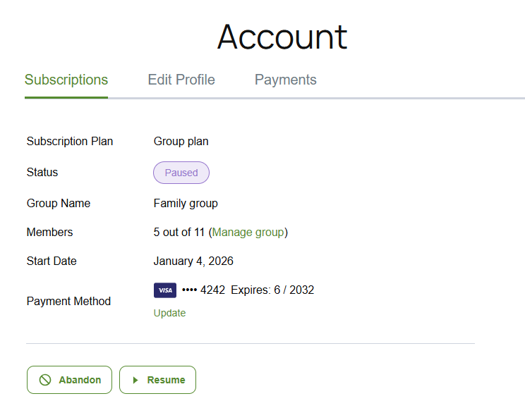 Front-end Account page of a Group membership which is paused