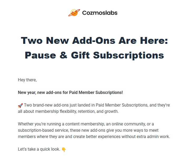 product updates cozmoslabs email example