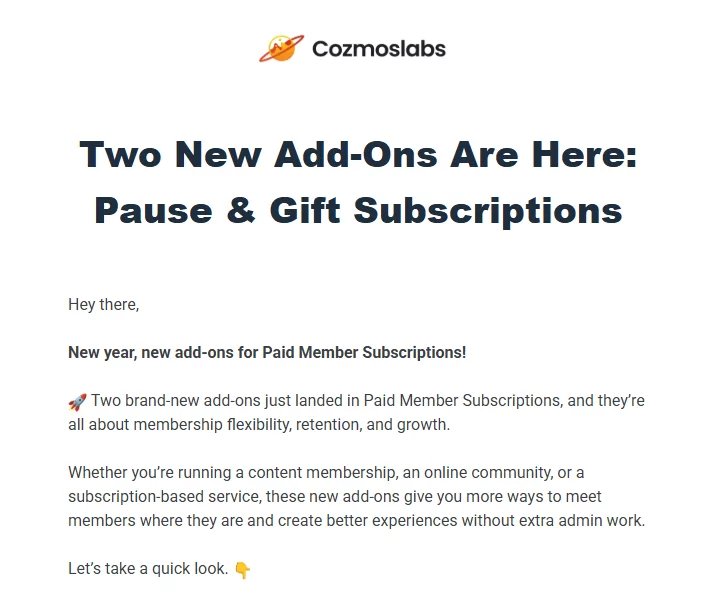 product updates cozmoslabs email example