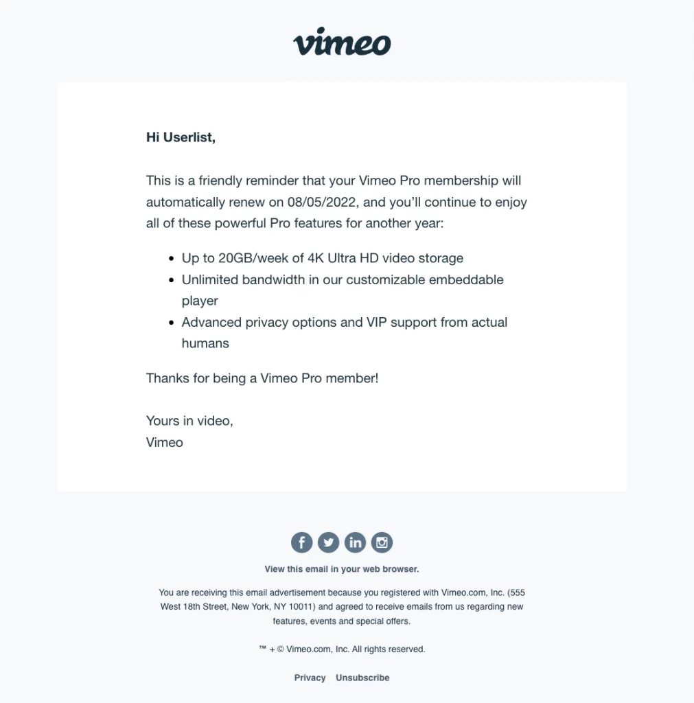 membership renewal reminder vimeo example
