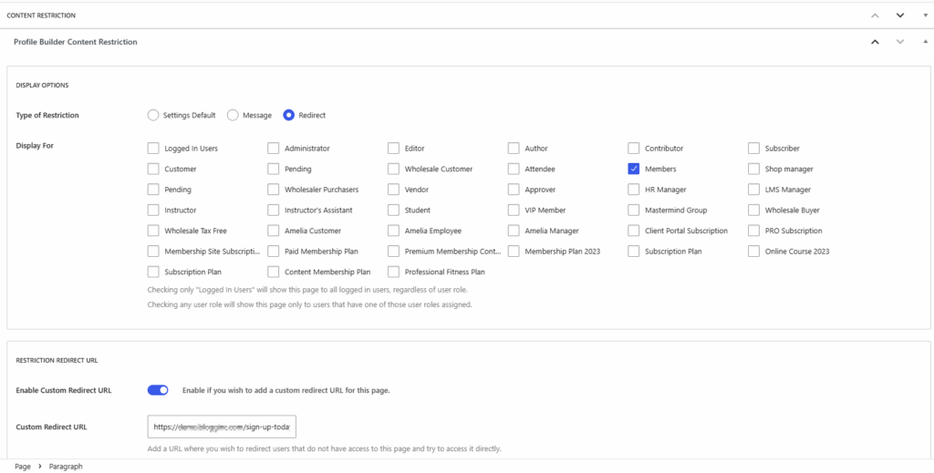 Per-page content restriction options for gated content