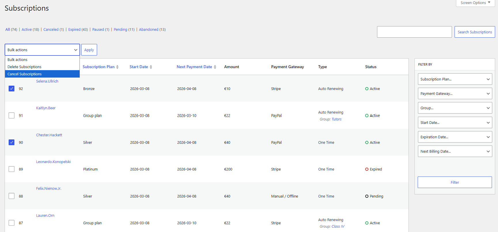 Showcasing the bulk actions from the Subscriptions page