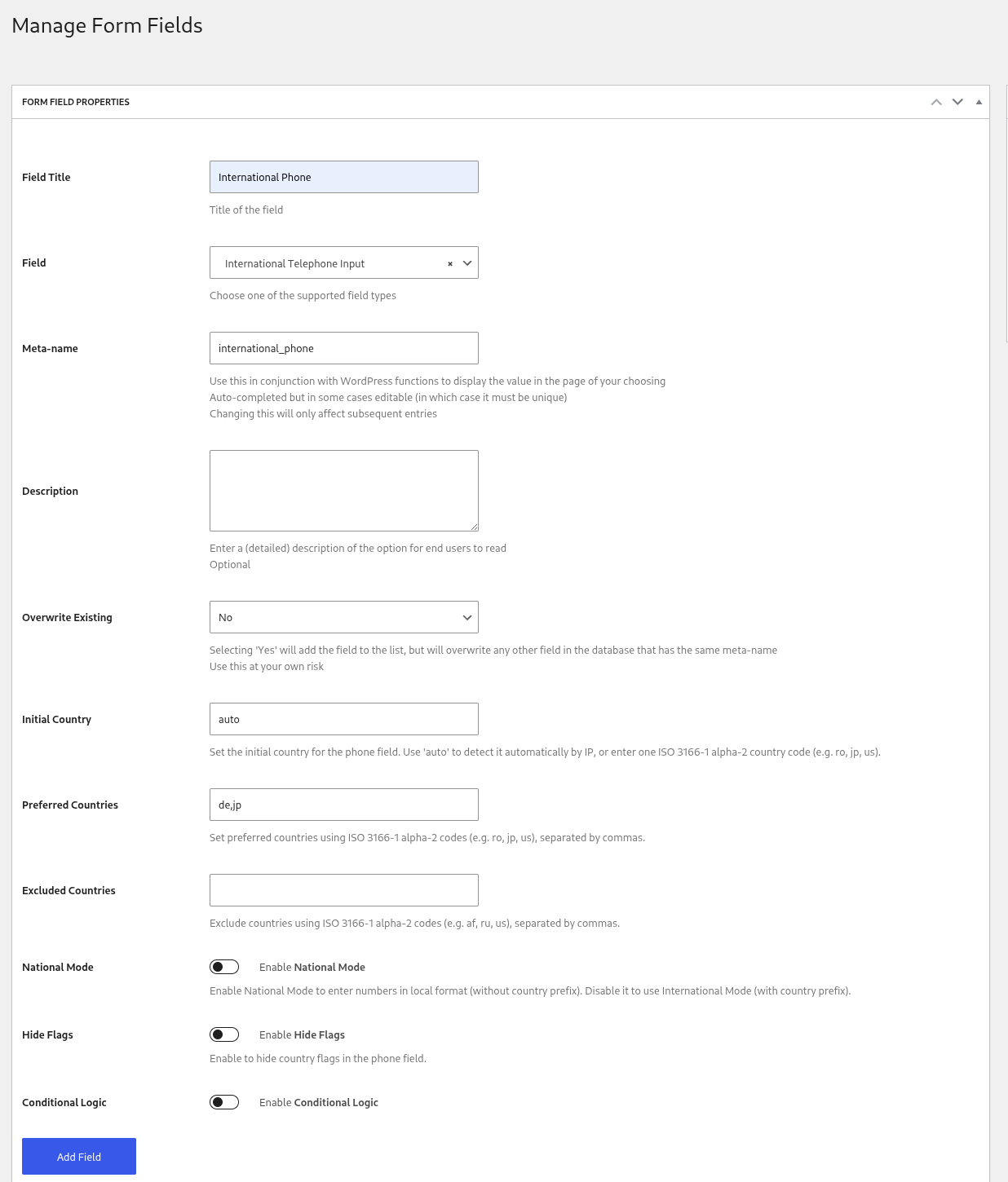 pb international phone field settings