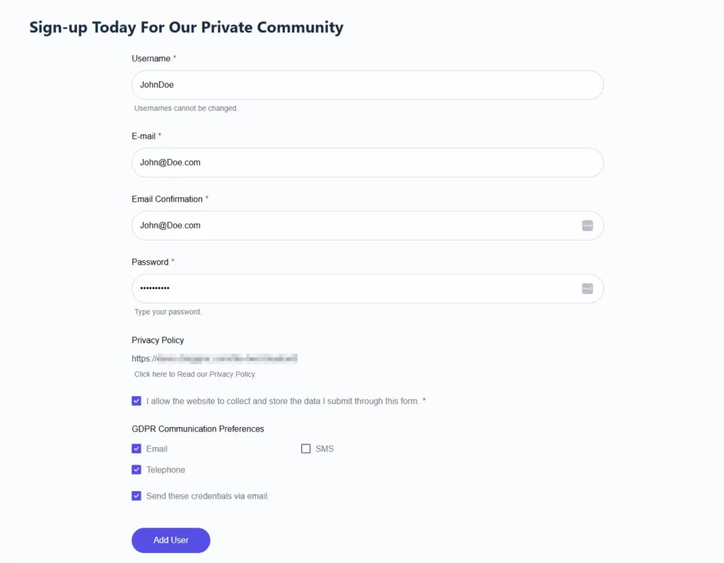 Registration form preview