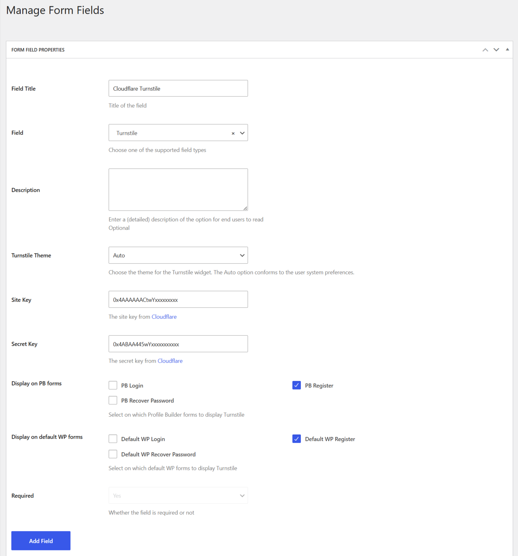 Cloudflare's Turnstile field related settings from the back-end page