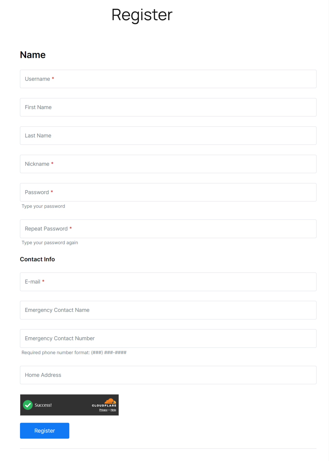 Cloudflare's Turnstile field displayed on the Registration form