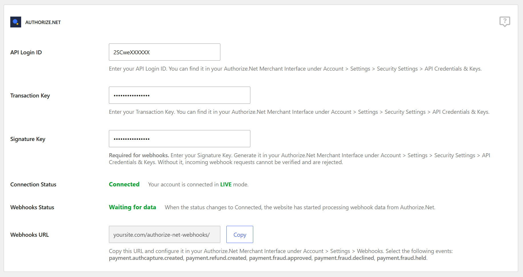 The Authoize API credentials being added in the plugin settings.