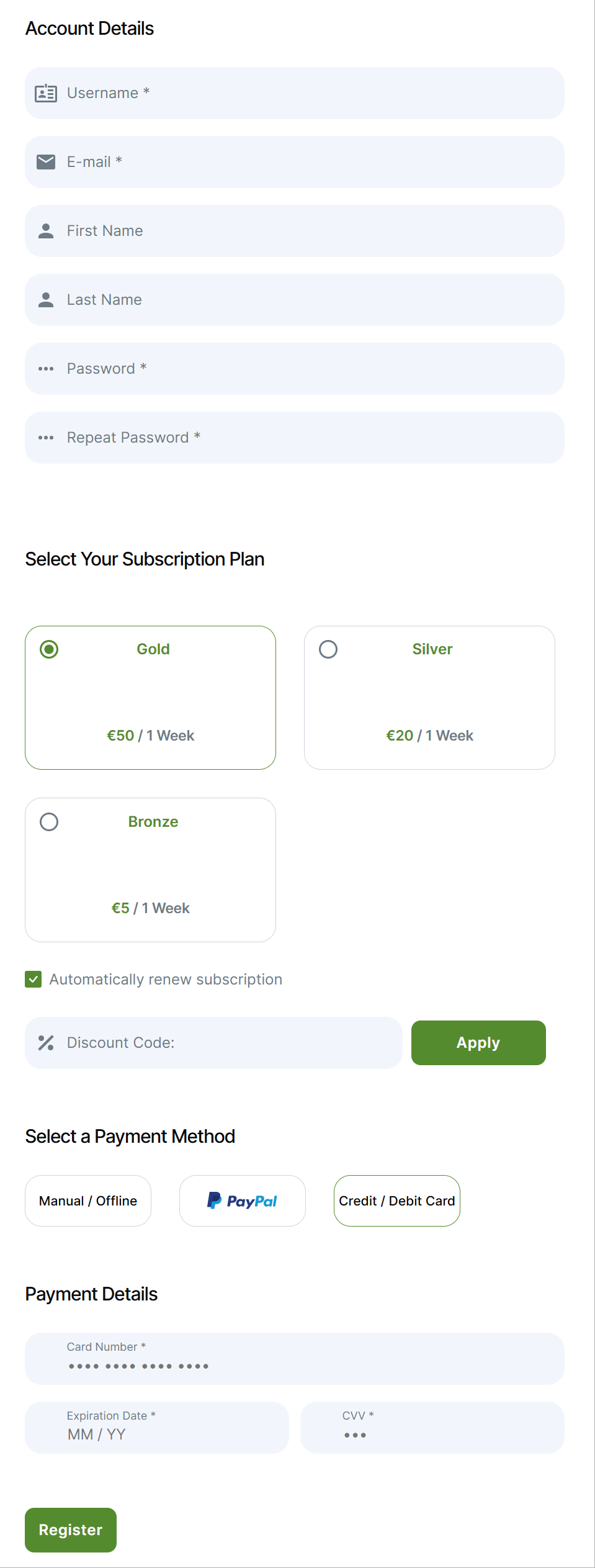 The Authorize.Net payment gateway being displayed on the Registration form