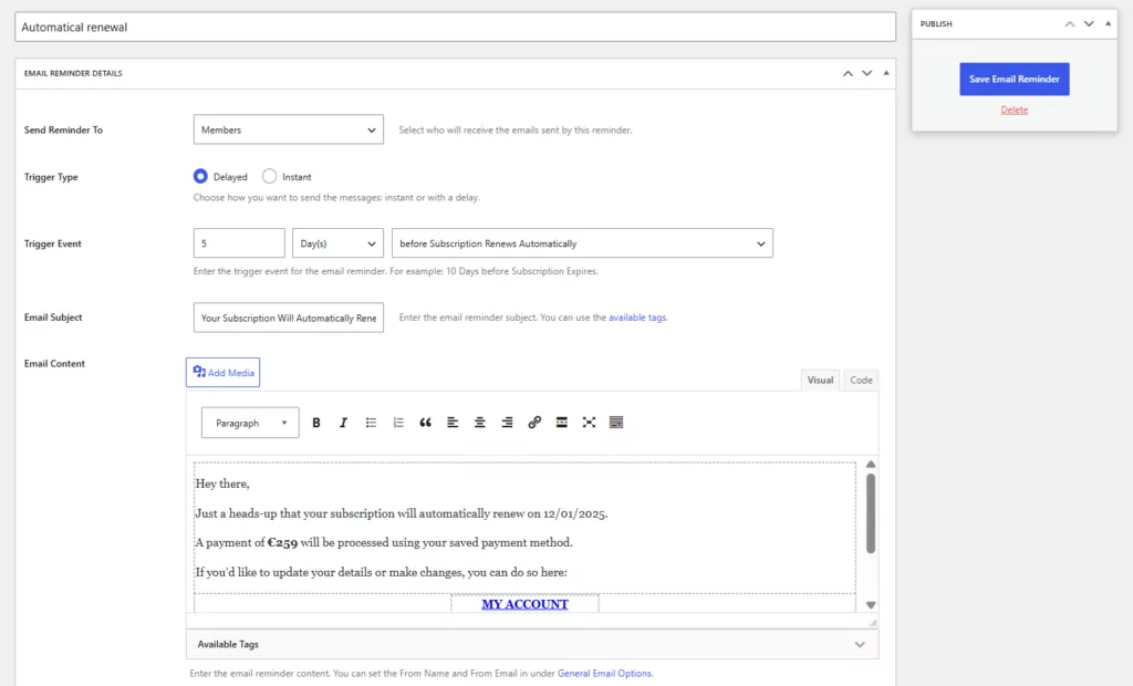 automatical renewal email in paid member subscriptions