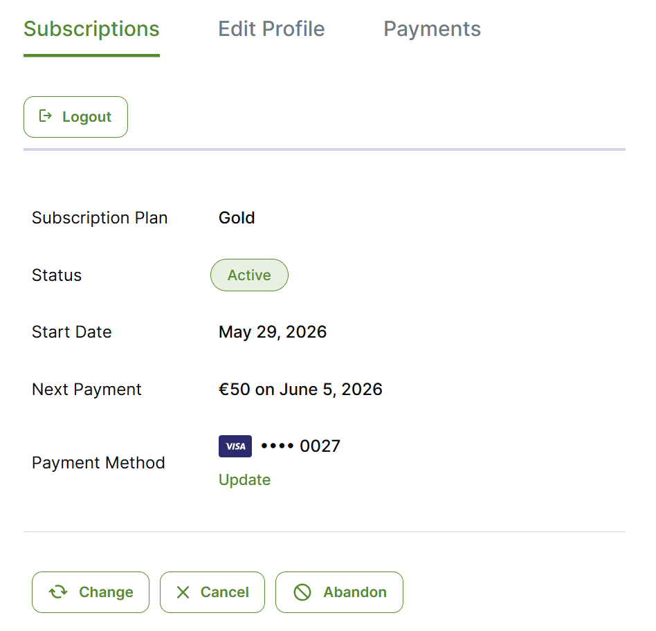 Update payment method action displayed on the account form