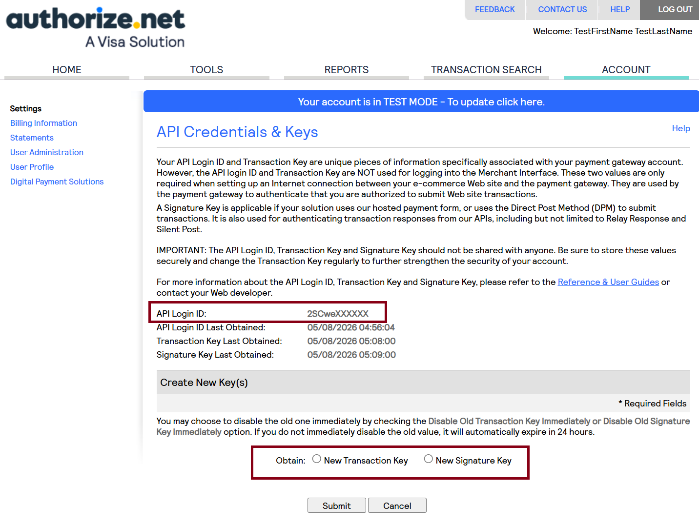 The location of the Authoize.net credentials