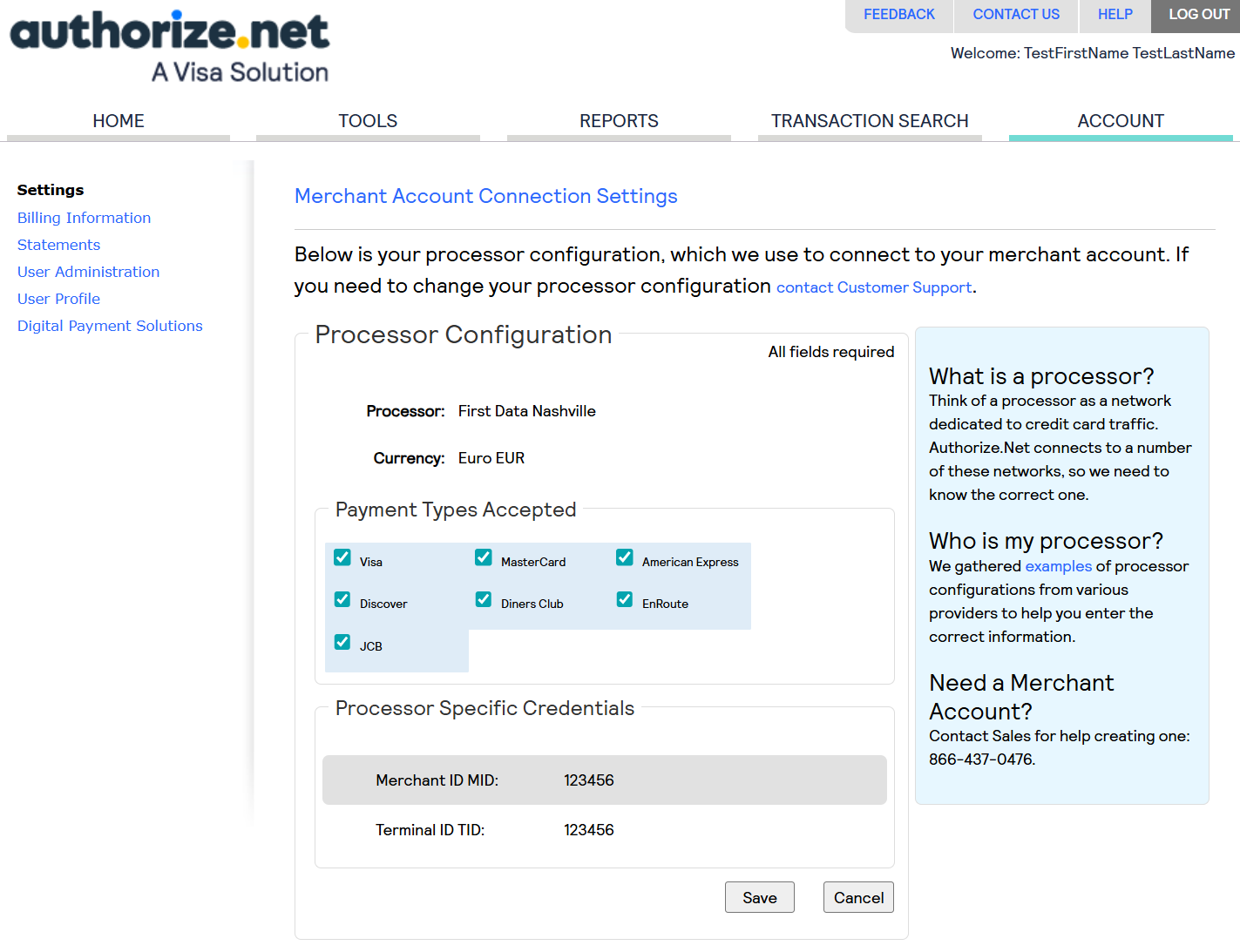 Payment Type selection within the Authorize account