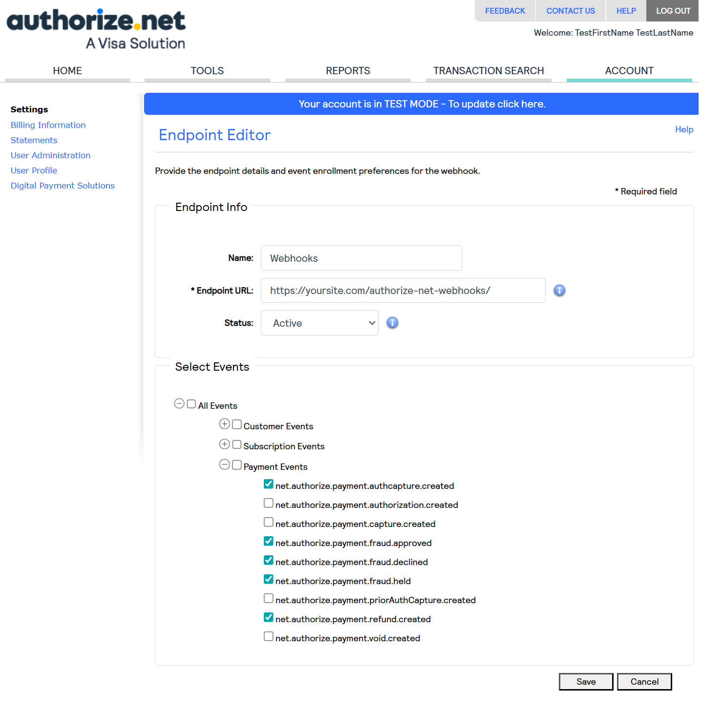 The webhooks being setup in the Authotize account