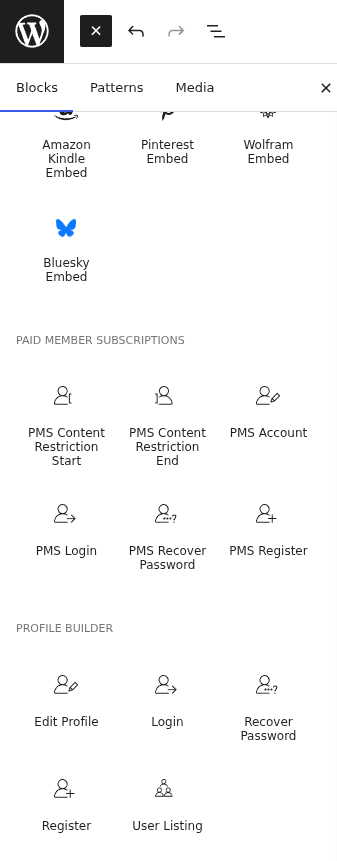 pb block inserter profile builder category