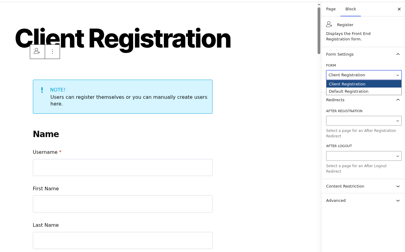 pb registration form block settings