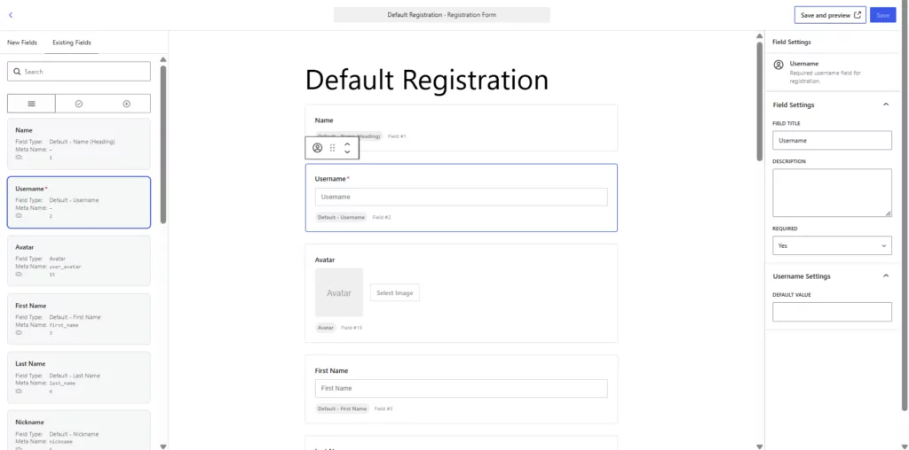 Username field in Default Registration form