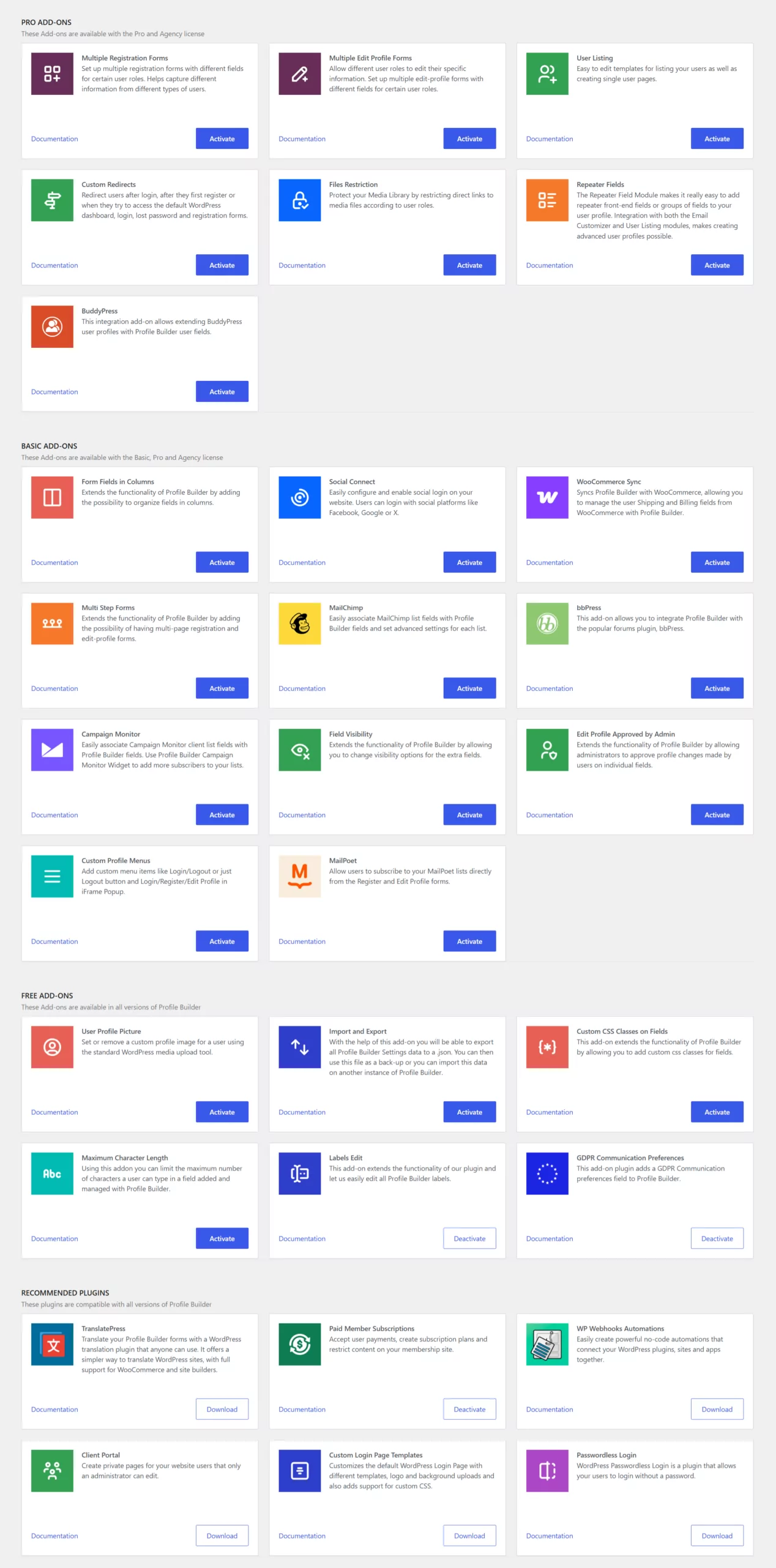 profile builder all add-ons
